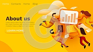 Small 3d flying people around business solution elements working together. Teamwork concept.