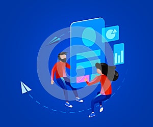 Small 3d flying people around business solution or user experience elements working together. Teamwork concept.