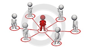 Small 3D people - red leader in the middle connected with the group - team management and community concept