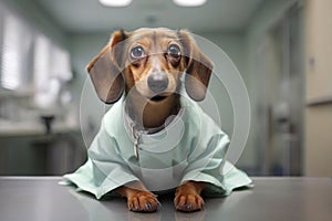 Small dachshund in the vet clinic. Mini dog wearing medical gown waiting for examination health at veterinarian center
