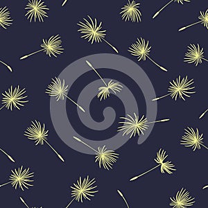 Small dandelion seeds flying on blue background. The texture looks like dark sky with stars. Seamless floral pattern. Vector