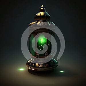 Small decorated lantern with green light. Lantern as a symbol of Ramadan for Muslims