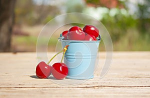 A small decorative bucket of blue with cherry berries