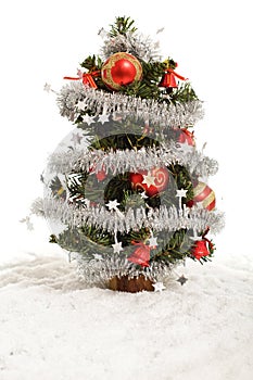 Small decorative christmas tree in artificial snow