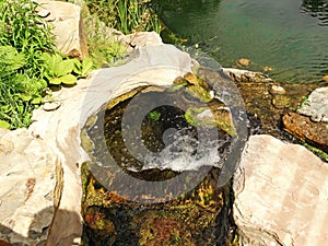 A small decorative waterfall in the garden. Landscape design