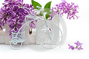 Small decorative white bicycle on a background of purple flowers lilac