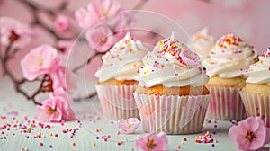 small delicious Easter cupcake and some sprinkles with pink blossoms, soft light background, banner