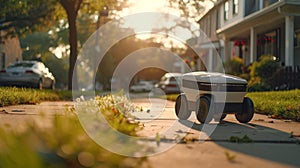 A small delivery robot is sitting on the sidewalk in front of a house, AI