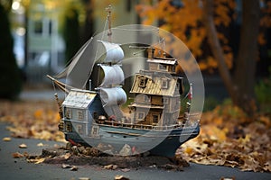 a small, detailed model ship placed within a mailbox