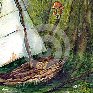 A small dilapidated shipwrecked sailboat with little snail got lost in a forest in a glade among trees, plants, and flowers. Hand