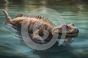 A small dinosaur making large ripples as it paddles along in the clear water.. AI generation