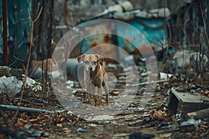 A small, dirty pet standing amidst a cluttered yard, a stark symbol of neglect, waiting for a helping hand