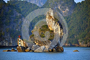 Small distinctive limestone karst, Halong Bay Vietnam 