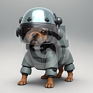 A small dog in armor performing explosive ordnance disposal, AI generated