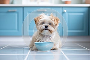 A small dog with a bowl in a kitchen