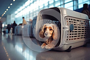 Small dog in a dog carrier in international airport. Transporting pets in airplane cargo