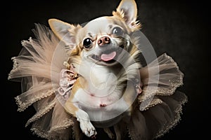 Small dog is dressed in tutu and posing for picture with its tongue out. Generative AI