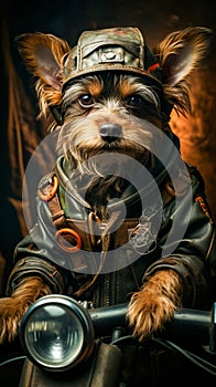 Small dog dressed up in pilot's outfit. Generative AI