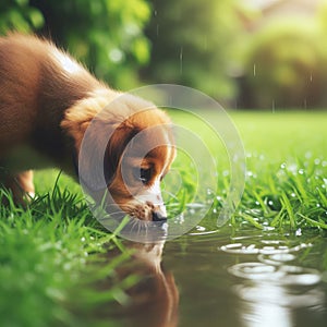 A small dog drinks water from a puddle.