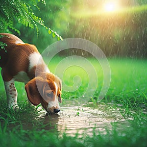 A small dog drinks water from a puddle in the rain.