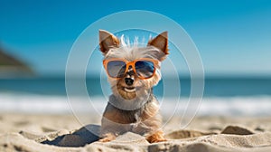 Small Dog With Fashionable Eyewear On Seaside Vacation. Generative AI