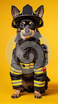 Small Dog in Firemans Outfit