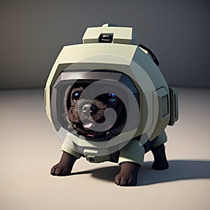 A small dog in a full-body armor, depicted as a lifesaver or sapper, AI generated