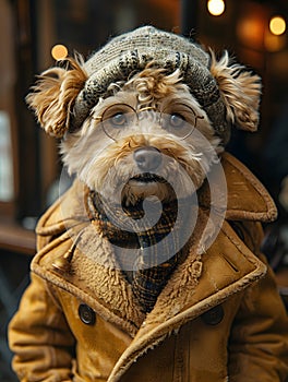 Small dog in hat, coat, scarf. Companion at event, wearing artful attire