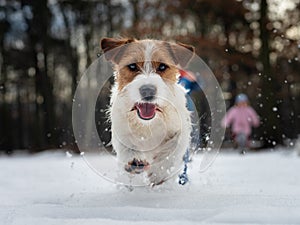 Small dog jumping in the snow, photo from low position. Sharp and dynamic photo of jack russell terrier.