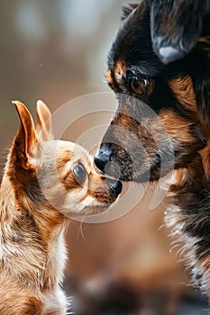 Small dog and larger dog kissing. Generative AI photo