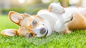 A small dog laying on its back in the grass, AI
