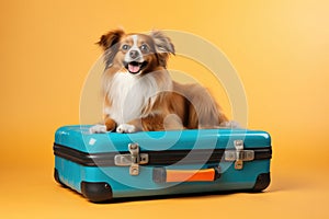 Small dog lying on bright modern closed suitcase, on solid yellow background.