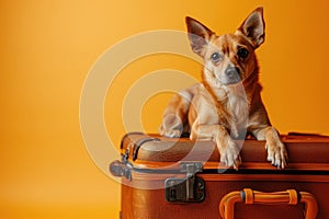 Small dog lying on old-fashioned closed suitcase, on solid yellow background.