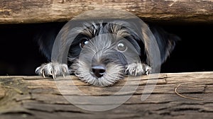 a small dog is peeking out of a wooden structure with his paws on a log. generative ai