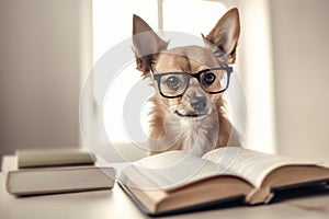 Small dog with reading glasses and book.