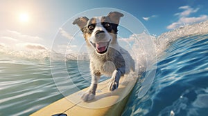 a small dog riding a surfboard in the ocean. Generative AI