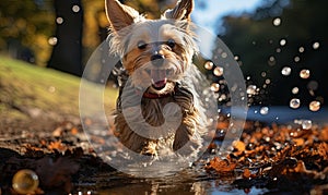 Small Dog Running Through Puddle