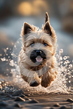 A small dog runs joyfully through the shallow water of a beach