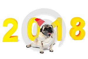 A small dog in a santa hat sits on the background of the New Year`s inscription 2018. Isolated on white background.