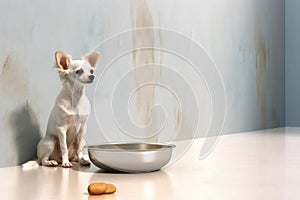 Small dog sits beside an empty bowl waiting for food with a cookie on the floor nearby.