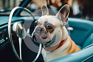 Small dog sitting in the drivers seat of car looking out the window. Generative AI