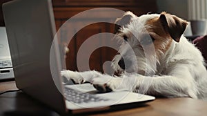 Small dog is sitting in front of a laptop and looking at the screen with interest