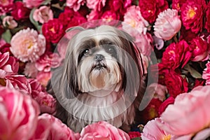 Small dog sitting between pink peony flowers.