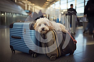 Small dog and some suitcases in international airport. Travelling with pets