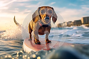 A small dog is standing on a surfboard in the ocean