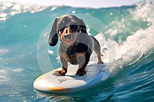 A small dog is standing on a surfboard in the ocean.