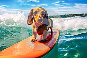 A small dog is standing on a surfboard in the ocean.