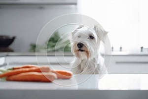 Small dog suiting in front of kitchen counter with raw carrots. Generative ai