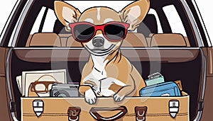 A small dog with sunglasses sitting on a suitcase