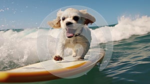 Small dog surfing in ocean with smile on face